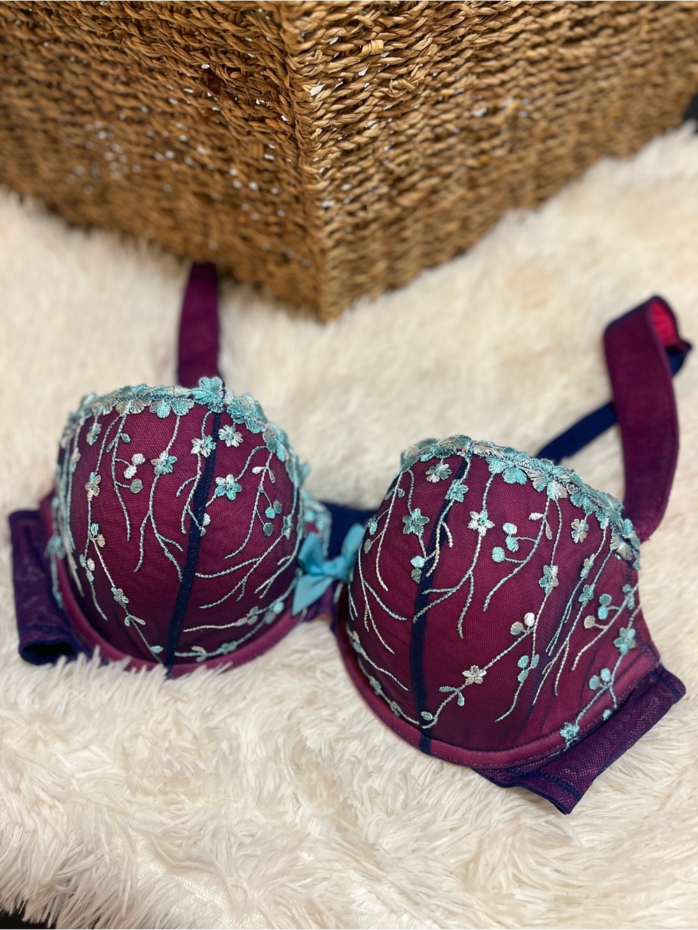 Cacique -Plum Bra with Teal Floral Embroidery Lane Bryant -38D Romantic
